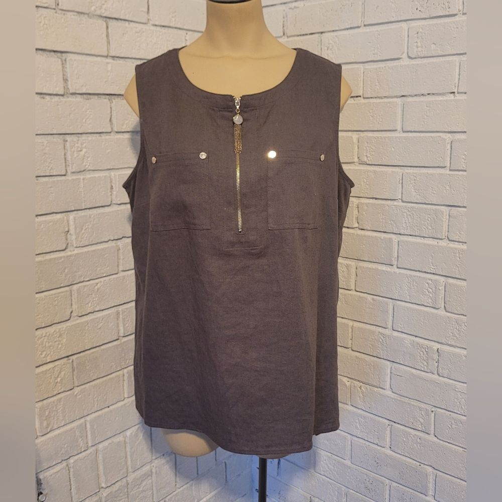 Anne Klein Women's M Gray Linen Blend Sleeveless Top with Front Zipper & Pockets